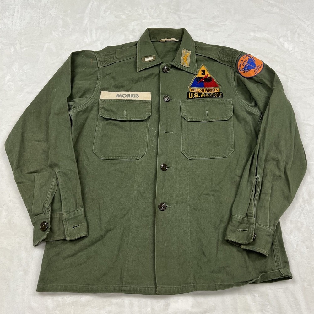 Fruit of the Loom Military Shirt Mens L Green U.S. Army Hell on Wheels Patches